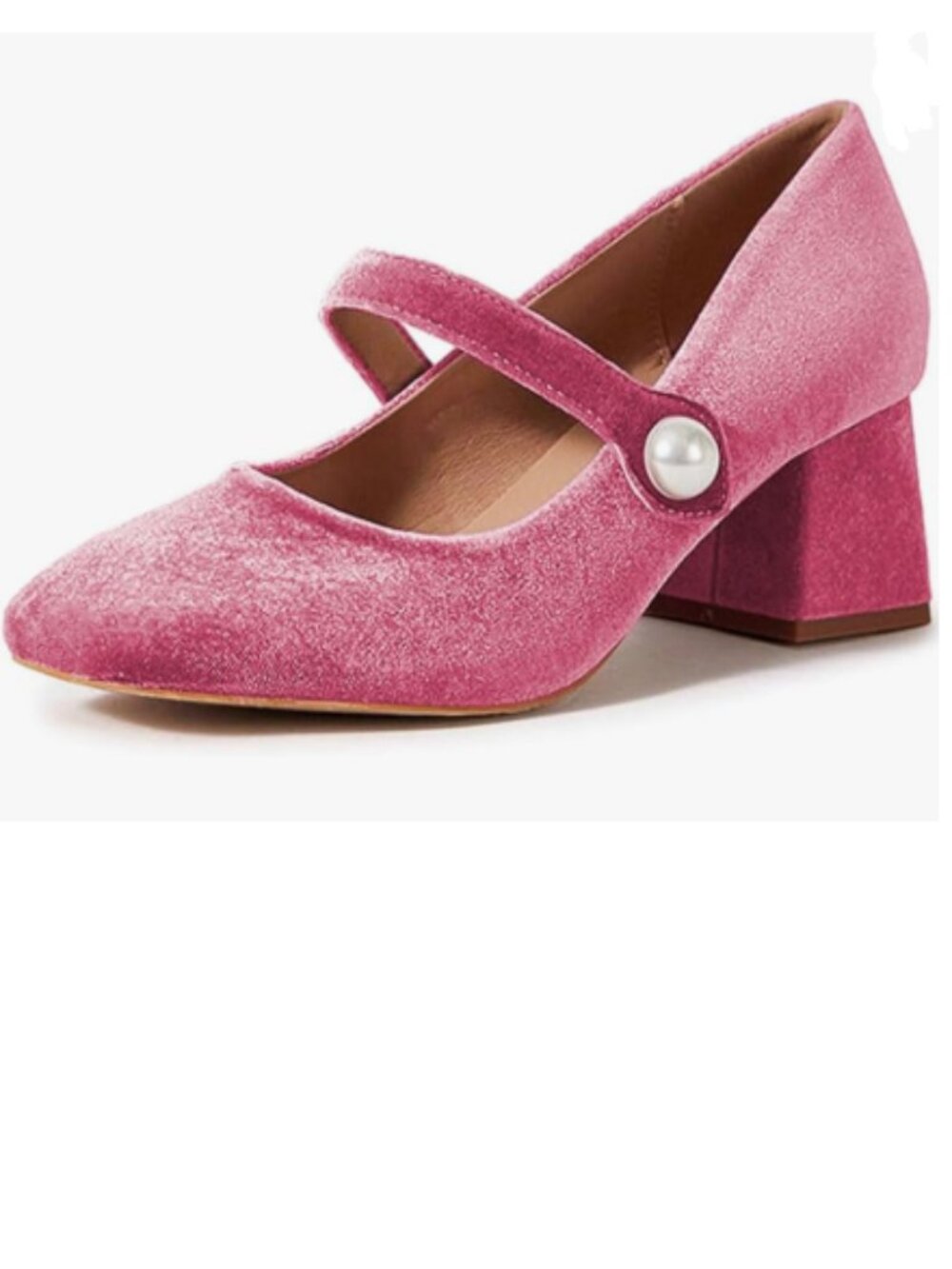 miss left Fuchsia Pearl Round Toe Mary Jane Ankle Strap Velvet Chunky Heel Pumps